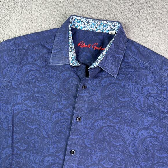 Robert Graham Shirt Mens XL Classic Blue Paisley Geometric Abstract Short Sleeve - Picture 1 of 10